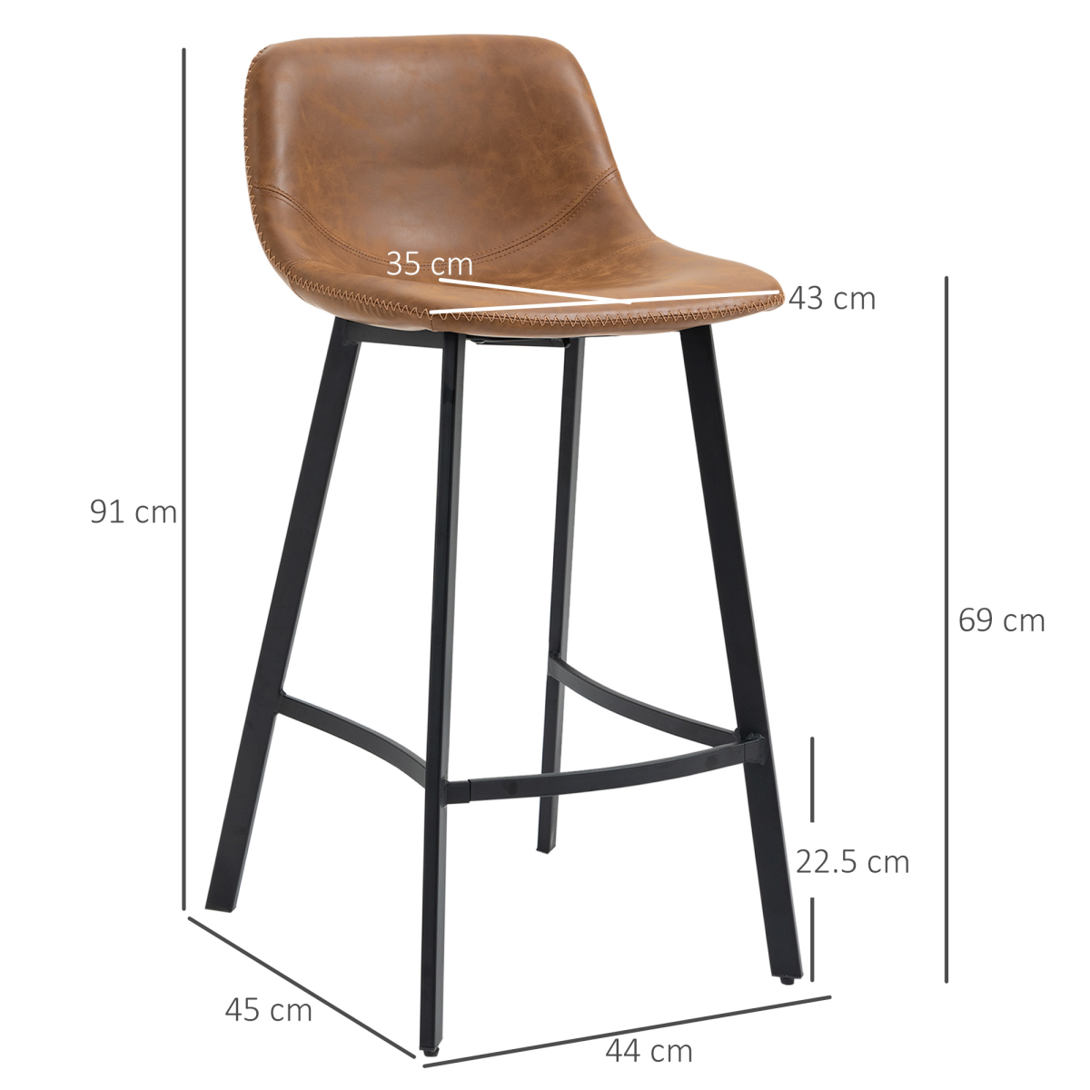 HOMCOM Set of 2 Industrial Bar Stools with Steel Legs and Faux Leather Seats, Brown