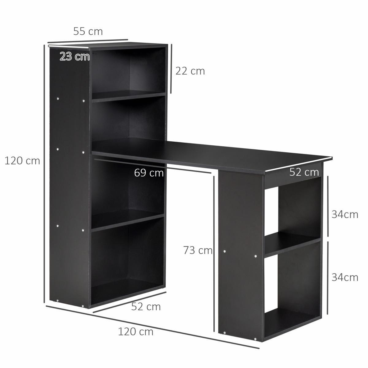 HOMCOM Computer Desk, 120 x 55 x 120 cm, Black, Space-Saving Design with 6 Shelves and Cubby Storage