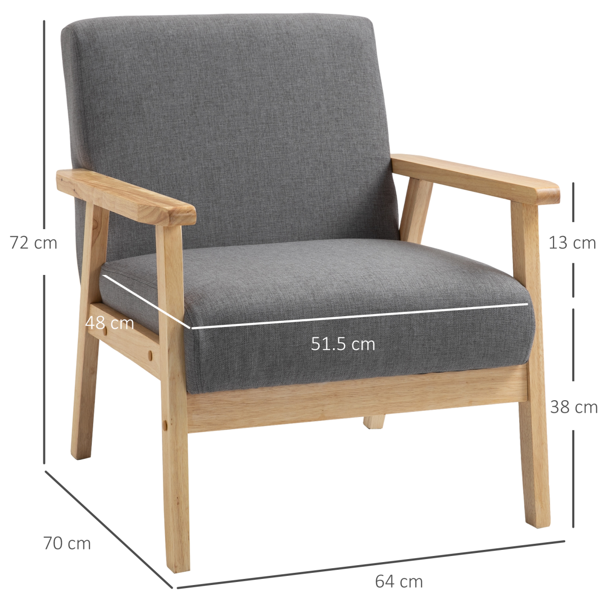 HOMCOM Linen Upholstered Pine Wood Accent Armchair, Grey/Oak