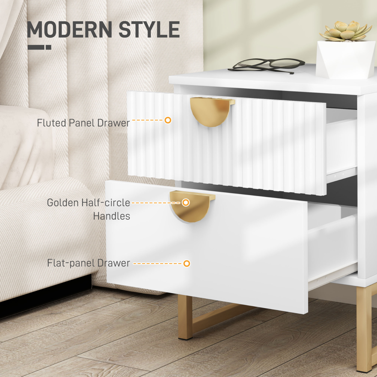 HOMCOM White Bedside Table with 2 Drawers, MDF, Metal Base