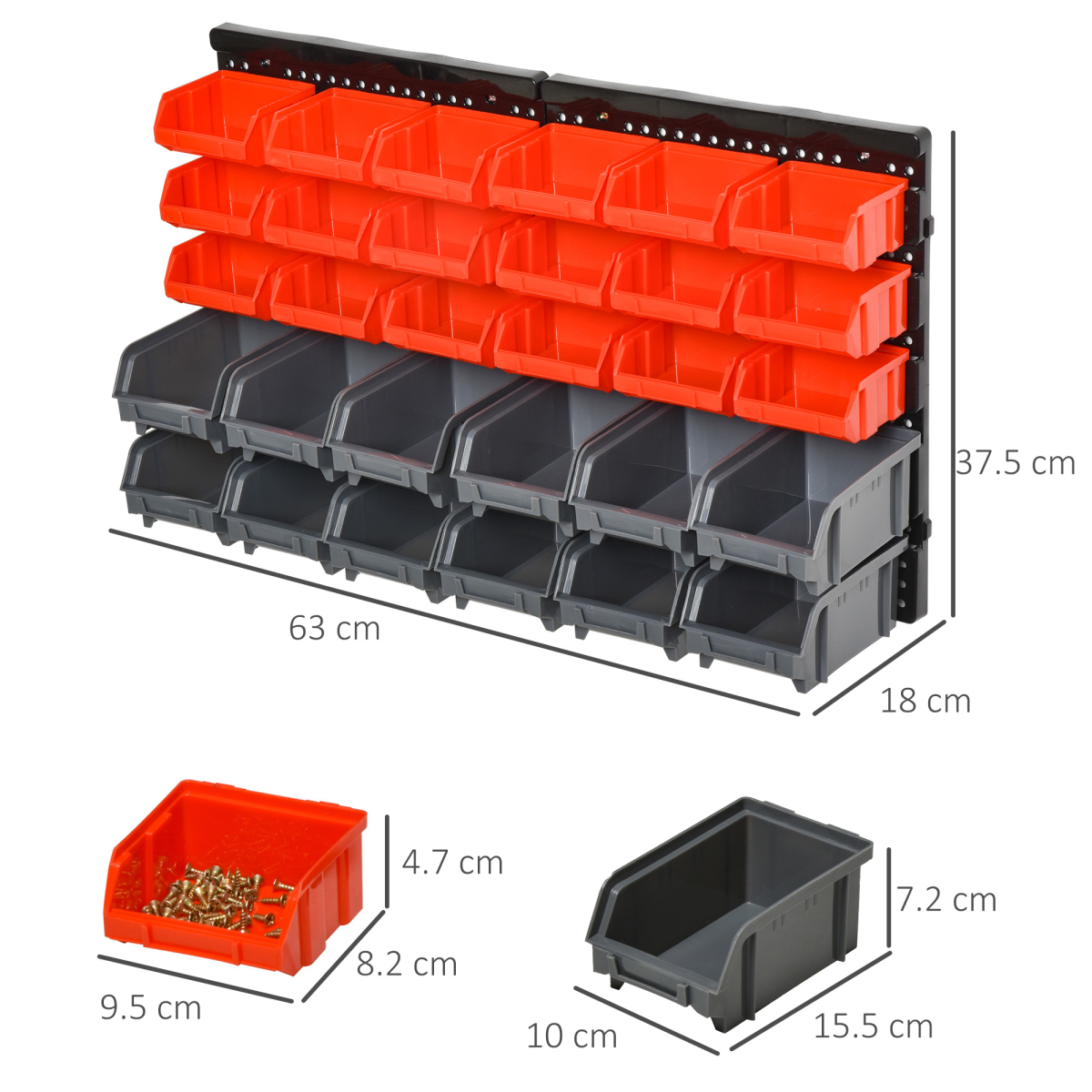 DURHAND Wall Mounted Plastic 30-Compartment Tool Hardware Organiser with Pegboard and Storage Cubbies