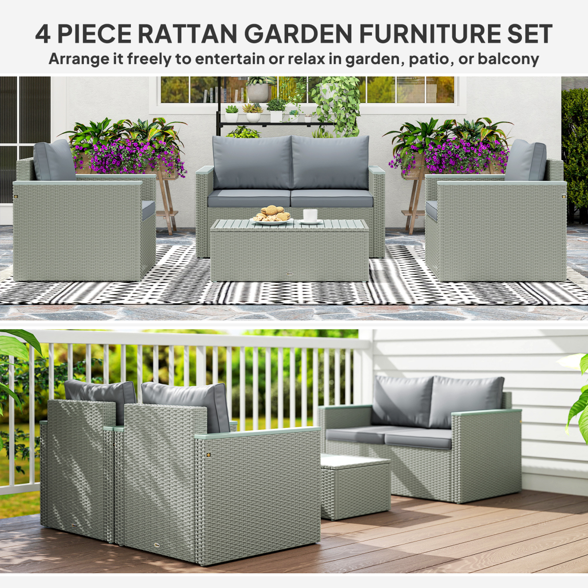 Outsunny 4-Piece Rattan Patio Furniture Set with Cushions, Light Grey