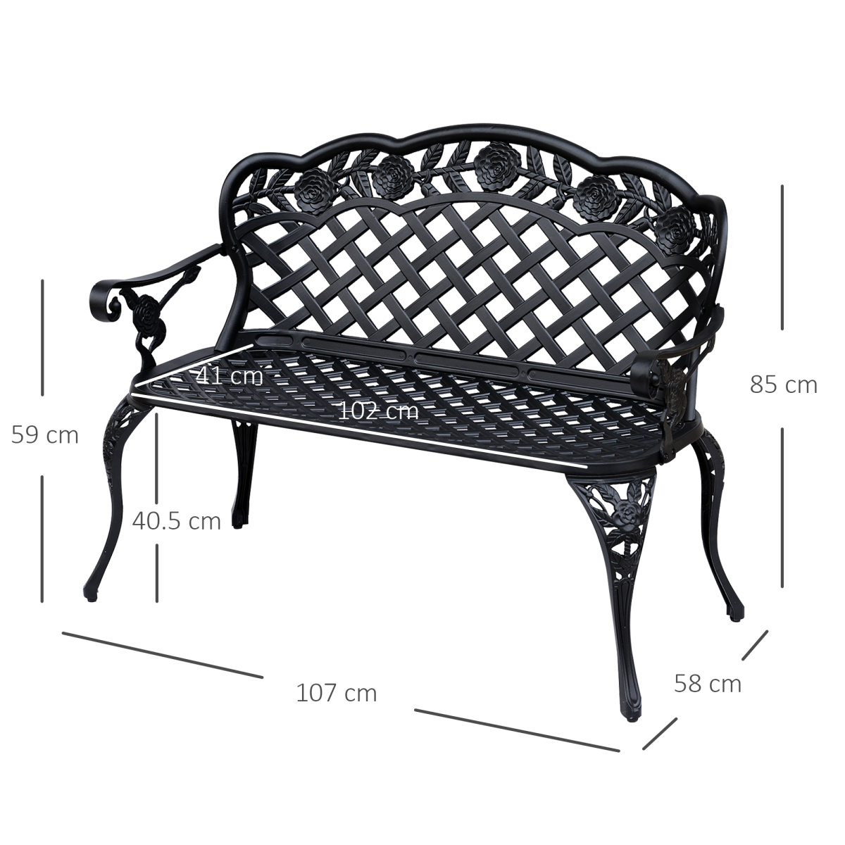 Outsunny Antique Style Cast Aluminium Garden Bench, Black, 107 x 58 x 85 cm