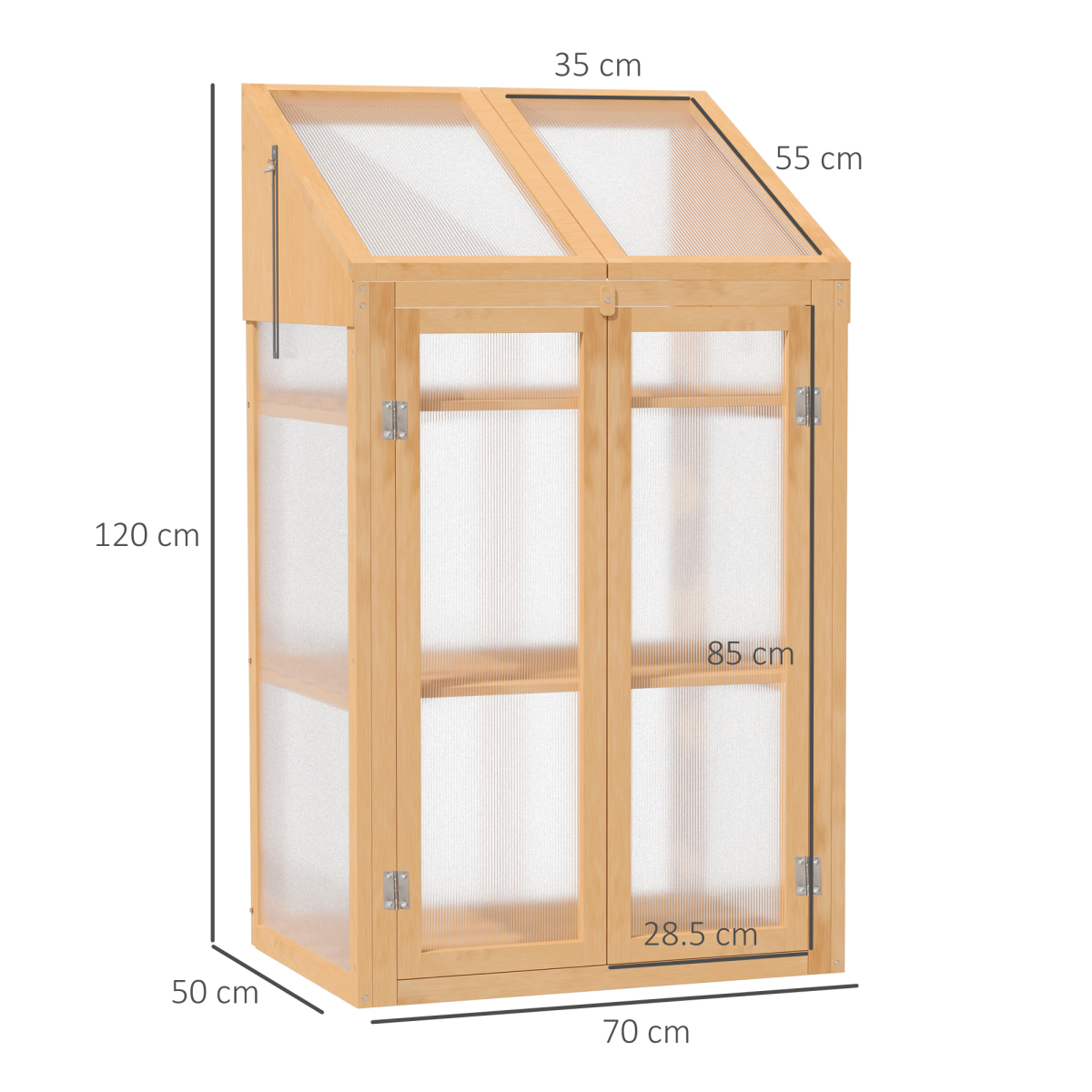 Outsunny Wooden Greenhouse Cold Frame with Polycarbonate Panels, Double Doors, Removable Shelves, Brown, 70x50x120cm