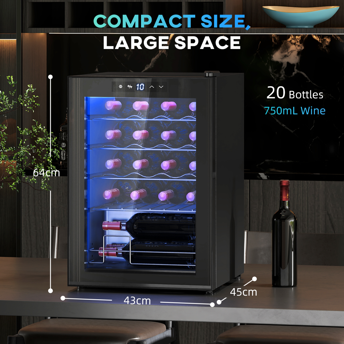 HOMCOM Freestanding 20 Bottle Wine Cooler Fridge, Glass Door, LED Light