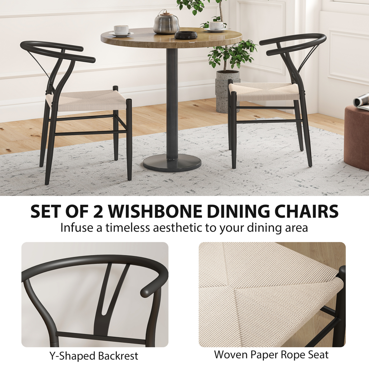 HOMCOM Set of 2 Dining Chairs, Hand-Woven Rope Seat, Black