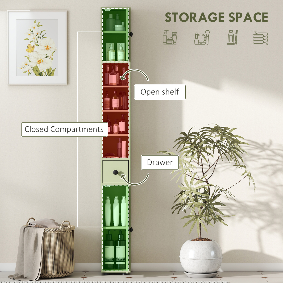 kleankin Slim Bathroom Storage Cabinet with Drawer & Open Shelves, Green