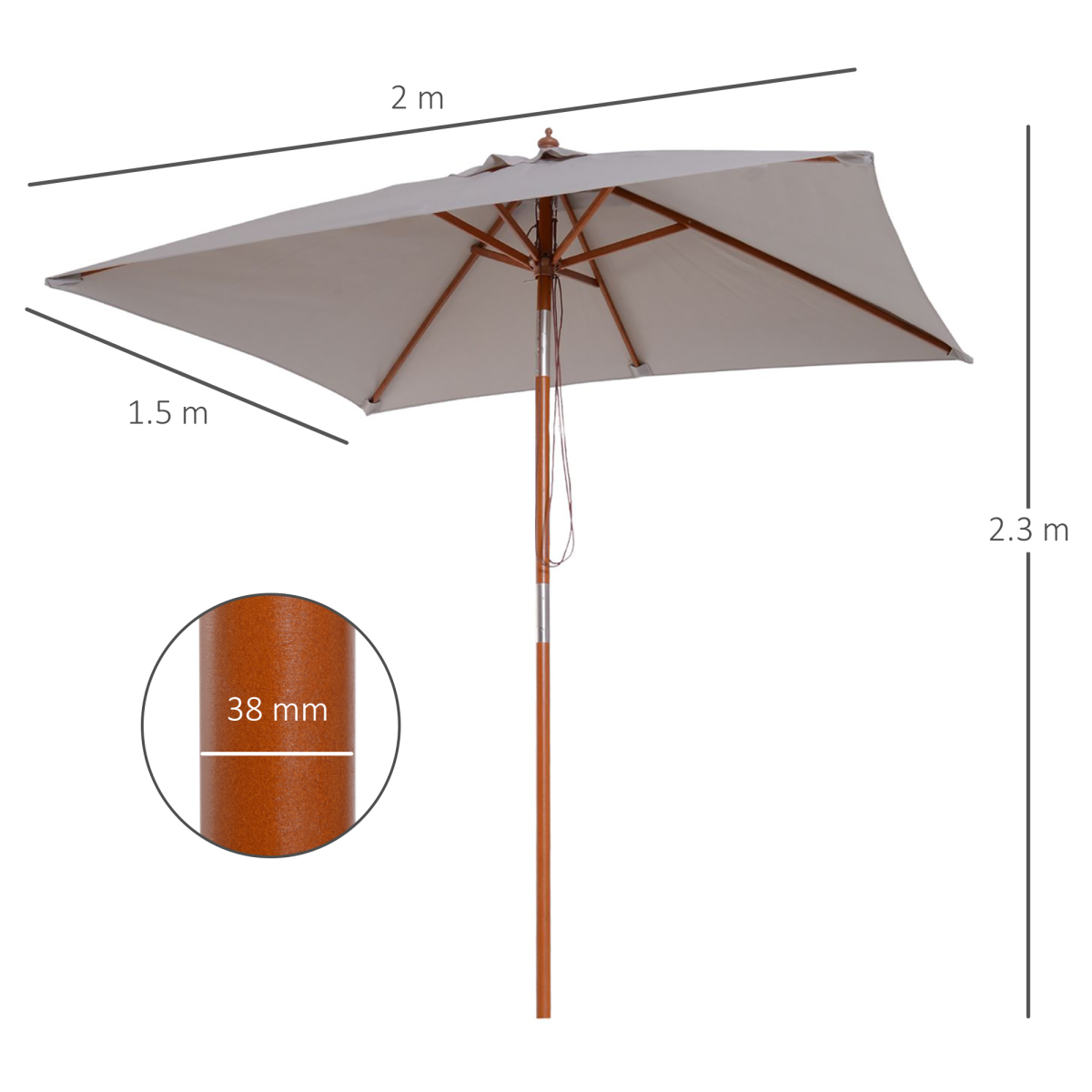 Outsunny Wooden Tilting Patio Umbrella, Grey, 6-Rib Sunshade
