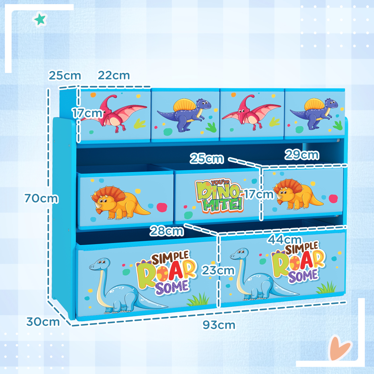 AIYAPLAY 3-Tier Dinosaur Toy Organiser Shelf with 9 Storage Boxes, Blue