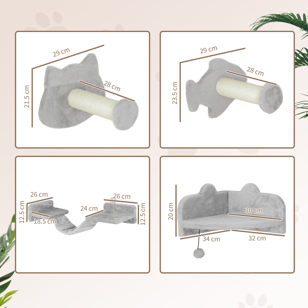 PawHut 4-Piece Wall-Mounted Cat Shelves with Steps, Ladder & Platforms