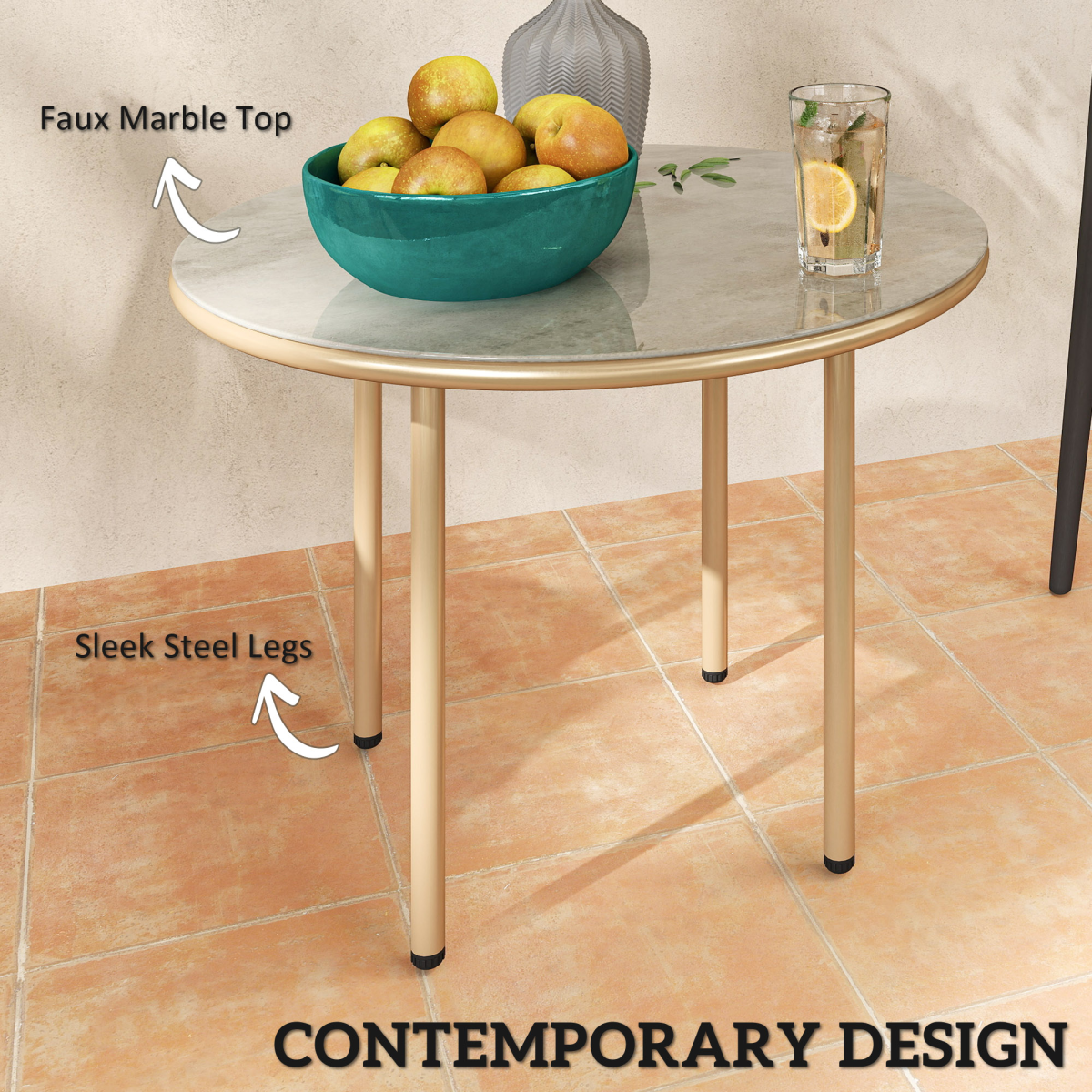 Outsunny Round Garden Table with Faux Marble Tempered Glass Top, Beige