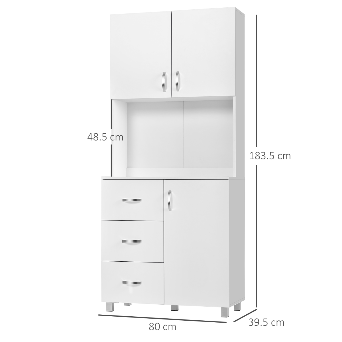 White Kitchen Storage Cabinet with 3 Drawers, 2 Cupboards and Open Shelf, Wooden Cupboard Organizer Furniture