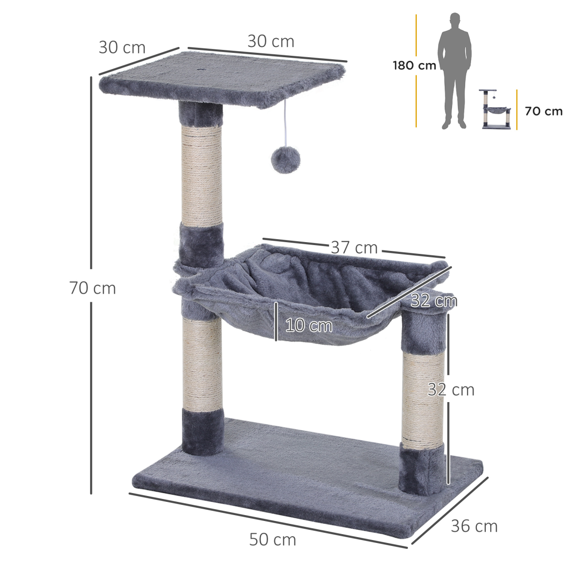 PawHut Cat Tree with Sisal Scratching Posts, Hammock Bed, Top Perch and Play Ball, 70cm High