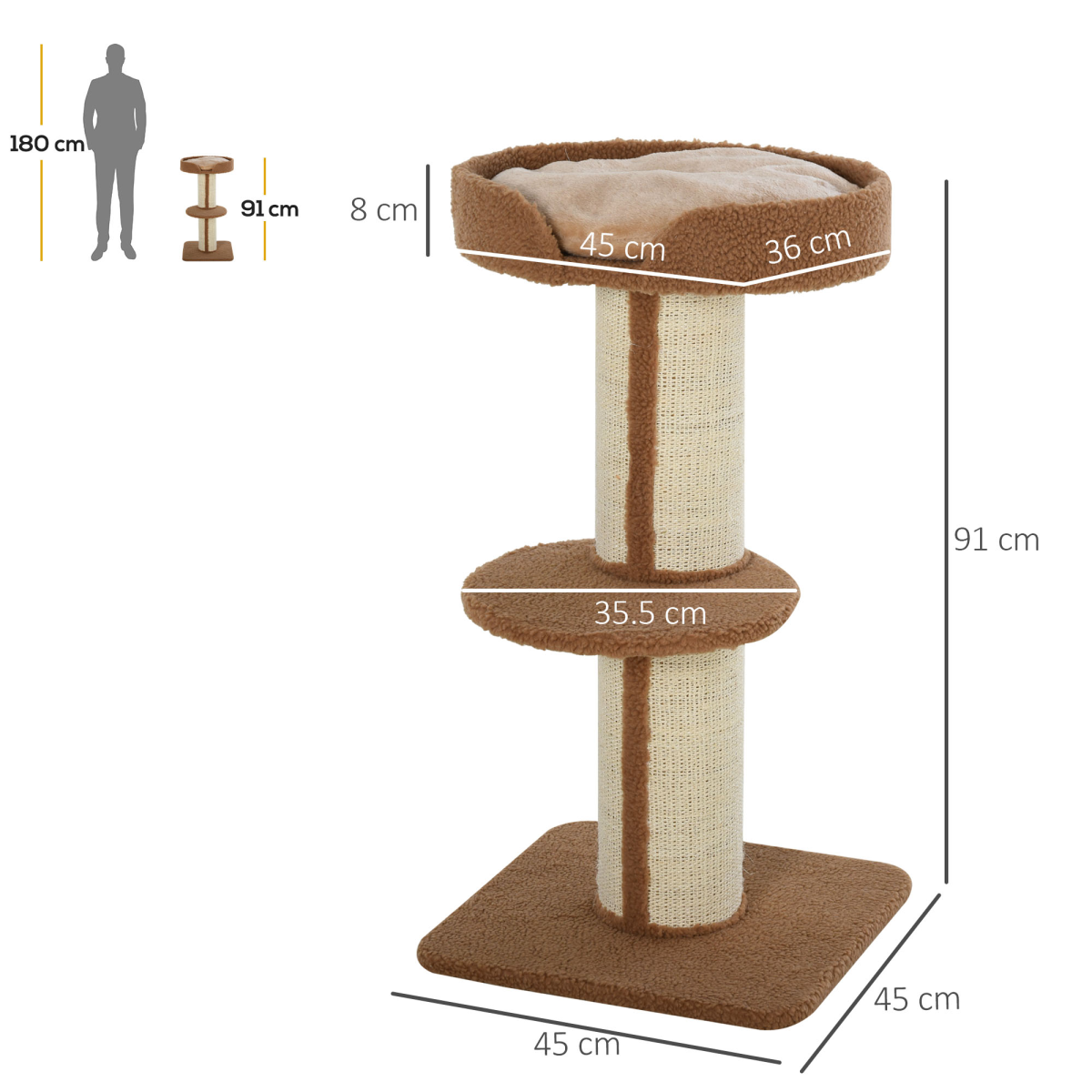 91cm Cat Tree Kitten Activity Center Tower with Top Sleeping Perch, Sisal Scratching Posts, Middle Perch, Stable Base