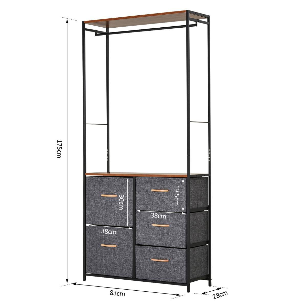 HOMCOM Freestanding Clothes Hanger Storage Unit, Steel Frame, Black Brown, 175 x 83 cm, with Top Rail, Shelf and Drawers