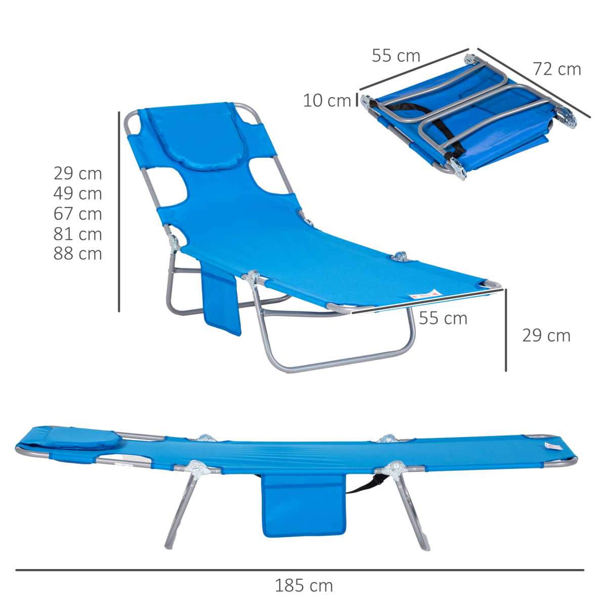 Outsunny Beach Chaise Lounge Sun Lounger with Face Hole, 5-Position Adjustable Backrest, Foldable, Blue