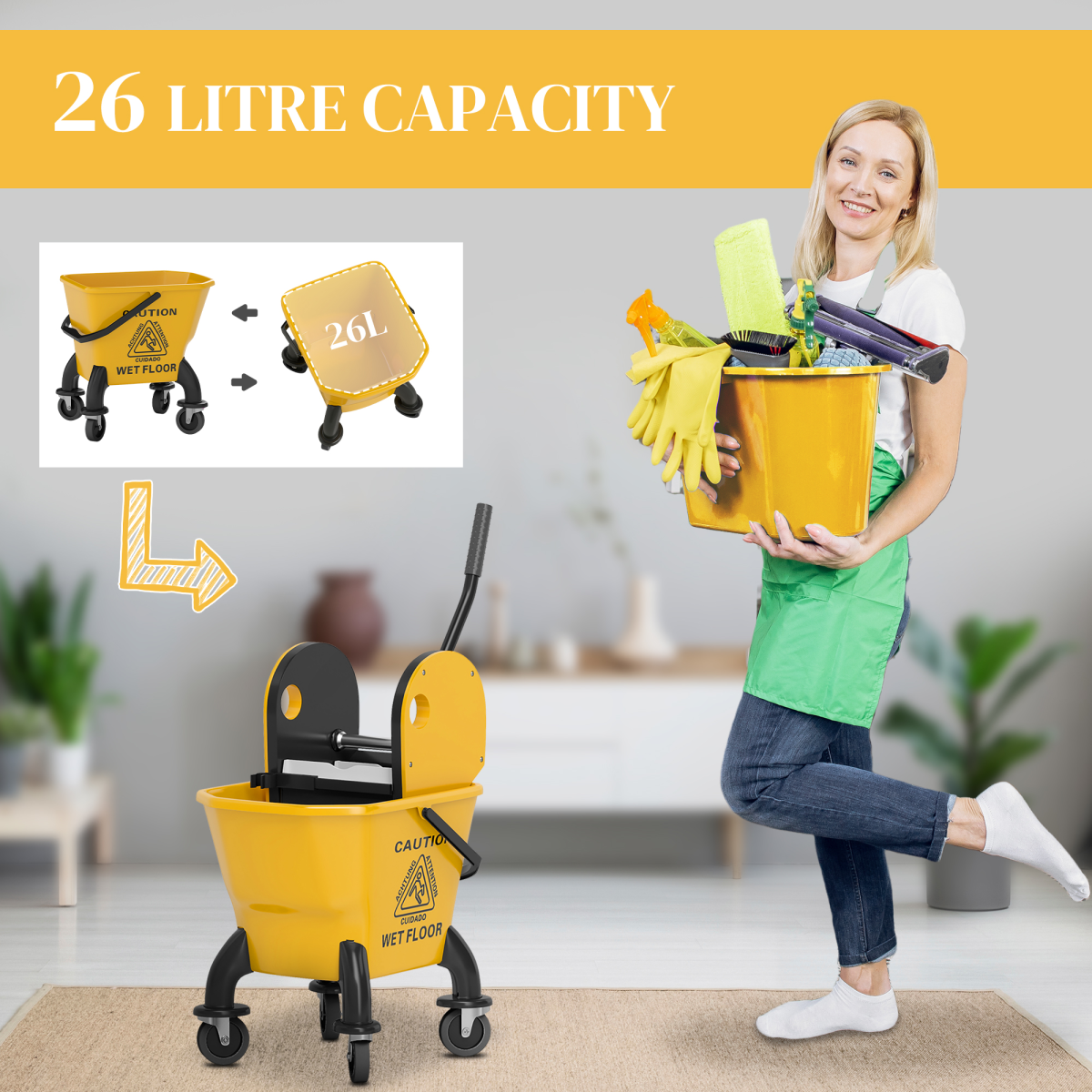 HOMCOM 26L Mop Bucket with Wringer, Wheels, Mop Included, Yellow