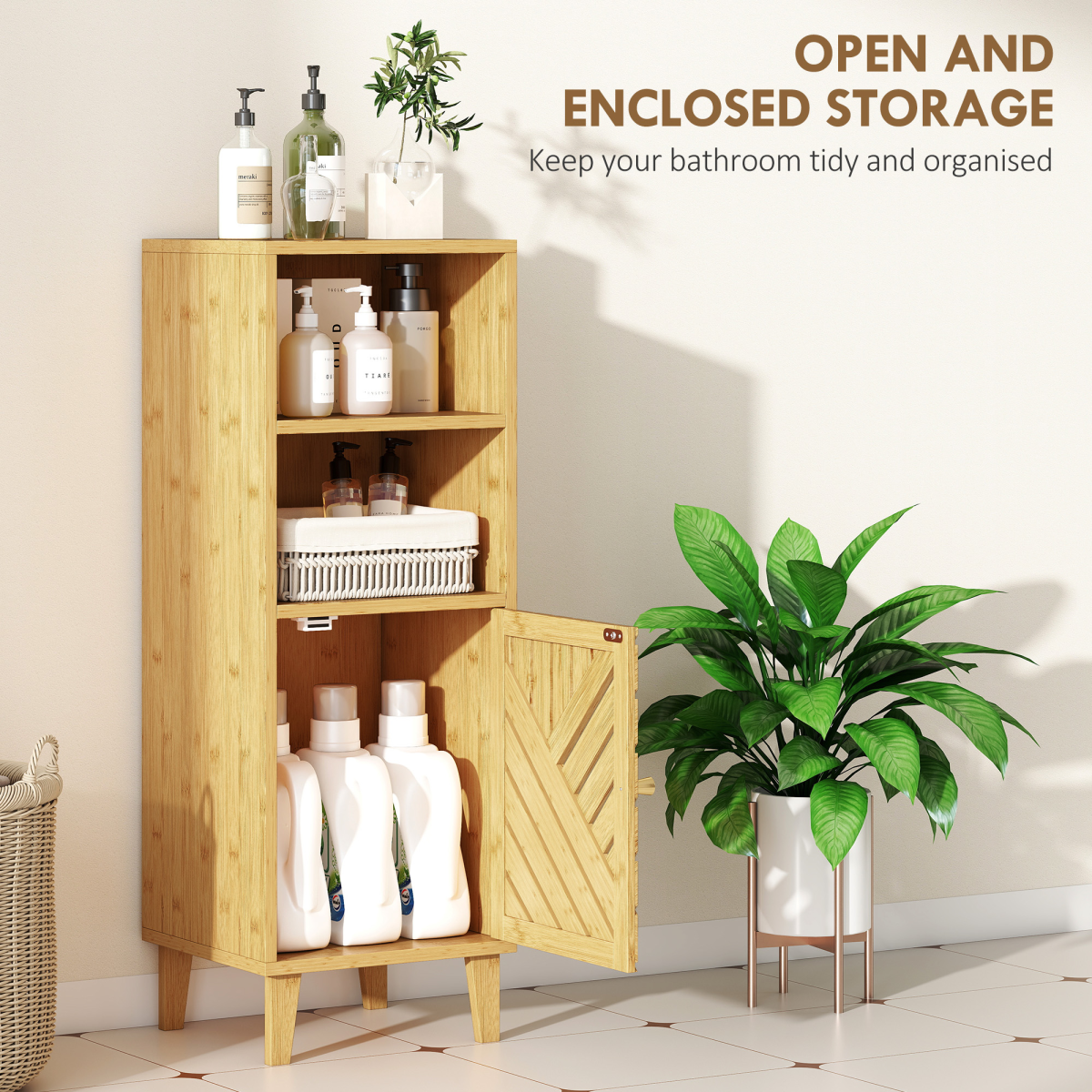 HOMCOM Narrow Bamboo Bathroom Storage Cabinet with Open Compartments