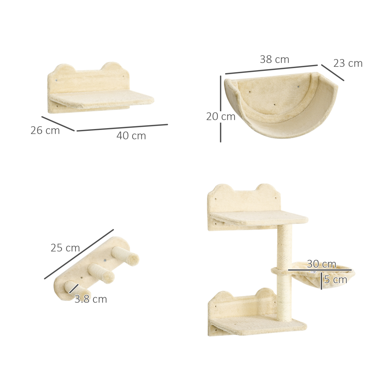 Wall-Mounted Cat Shelves with Hammock, Nest and Scratching Posts - Beige