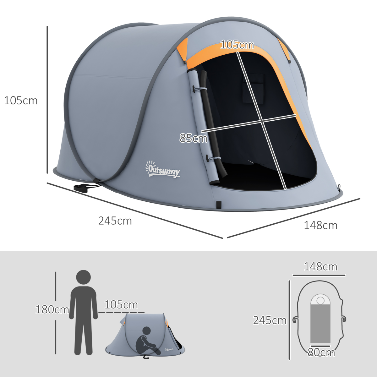Outsunny 2-Person Pop-Up Camping Tent, 2000mm Water-Resistant, Grey