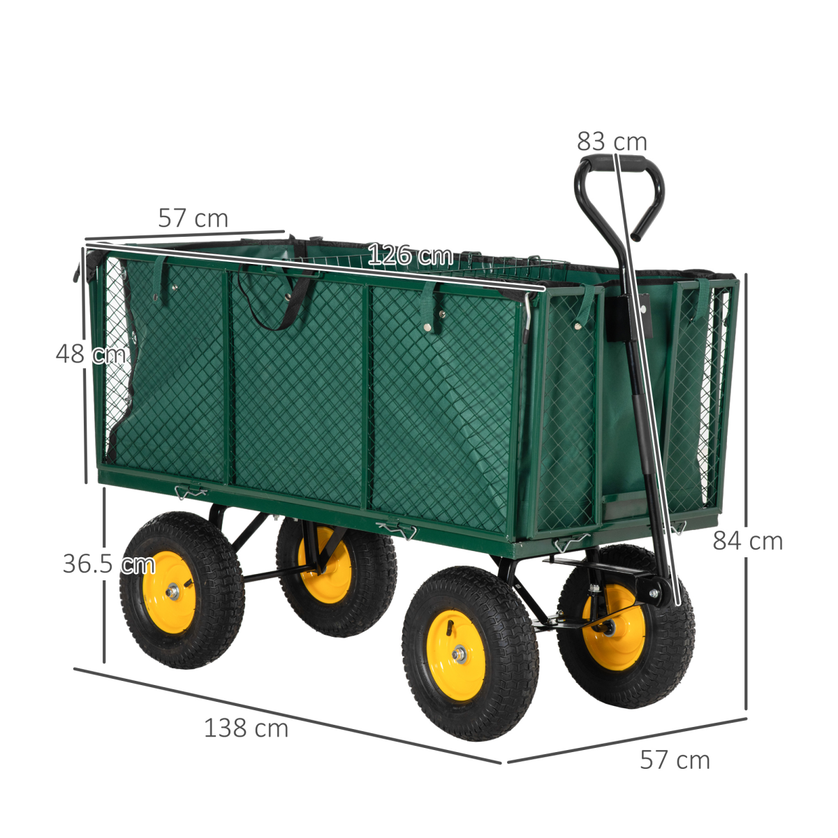 Outsunny Large 4 Wheel Garden Cart Truck Trolley with 342L Removable Fabric Bag, Removable Shelf, 350kg Load Capacity - Green