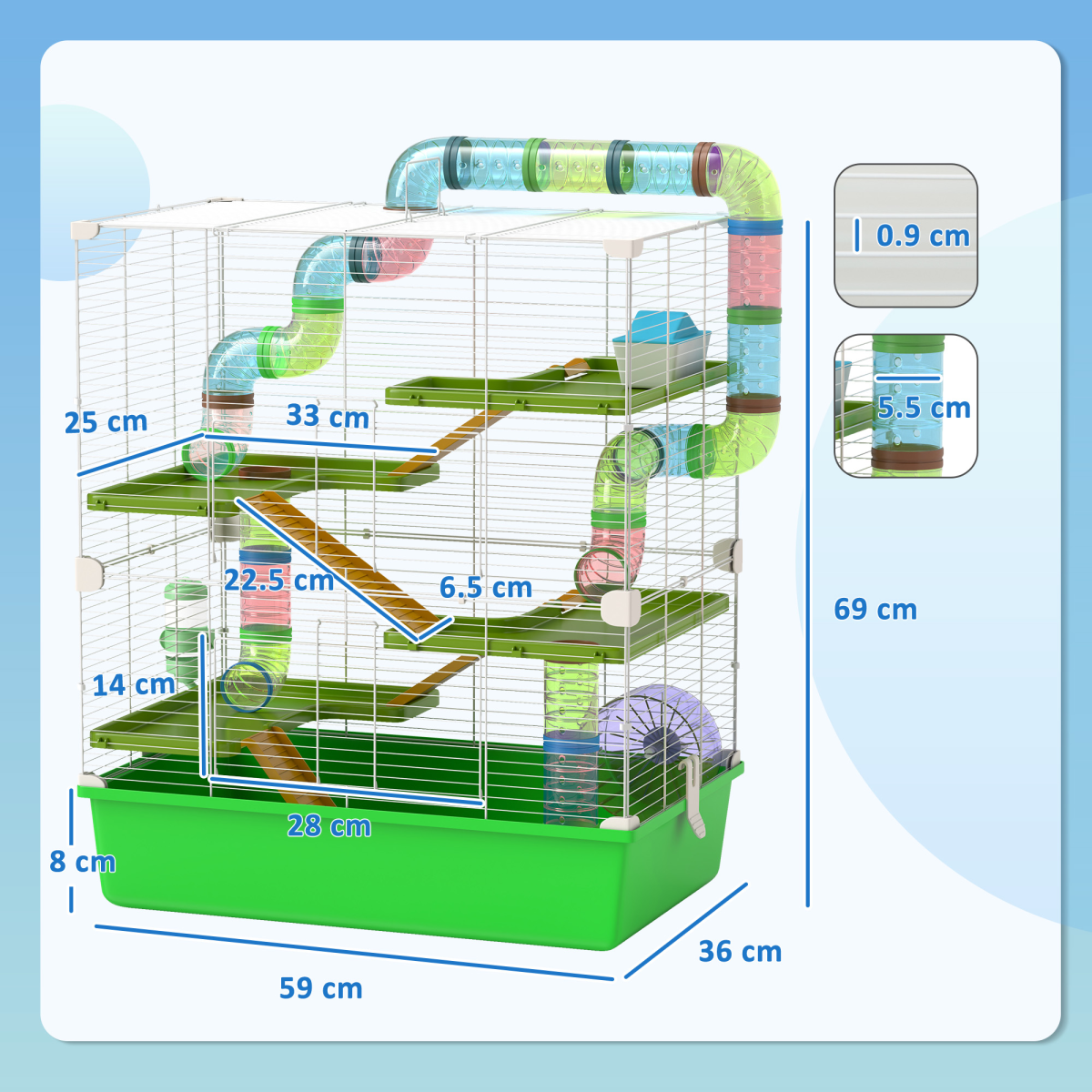 PawHut Hamster Cage with Wheel, Tubes, Ramps & Water Bottle - Green