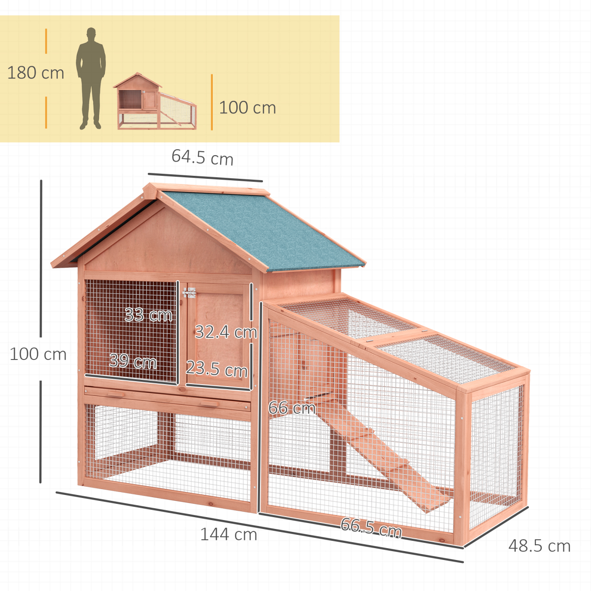 Pawhut 2 Tier Wooden Rabbit Hutch with Asphalt Roof, Ramp, Water Resistant, 144 x 64.5 x 100 cm