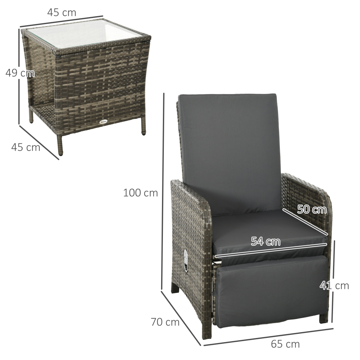 Outsunny 3-Piece Rattan Bistro Set with Adjustable Backrest and Footrest, Mix Grey