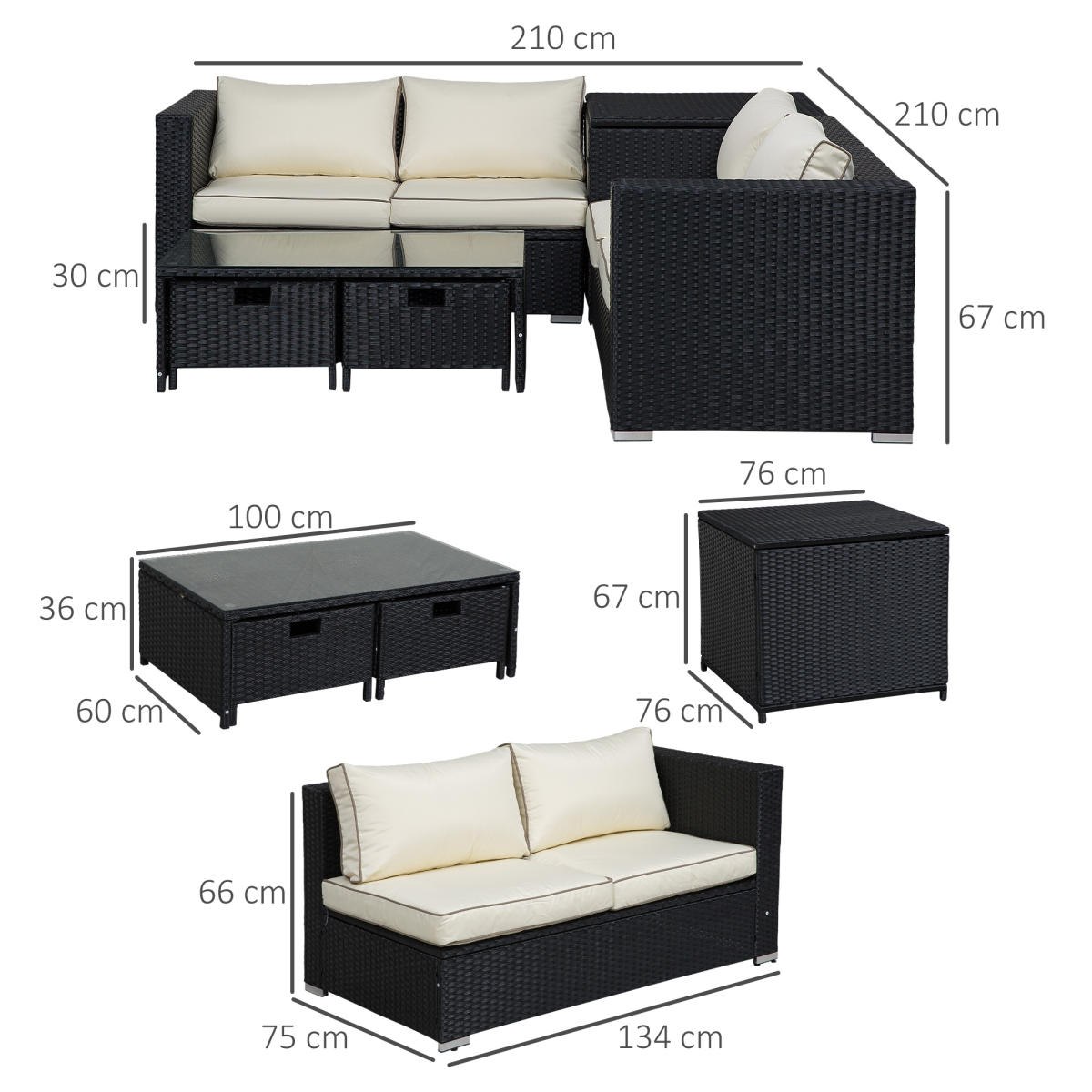 Outsunny 4-Seater Rattan Wicker Garden Patio Sofa Set with Storage Table and Coffee Table Black