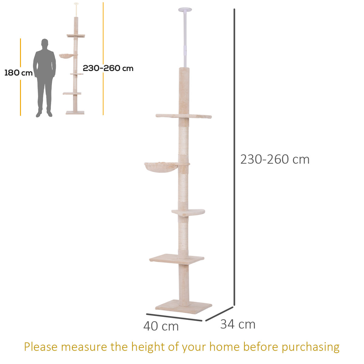 Pawhut 5-Tier Floor to Ceiling Cat Tree with Scratching Post, Adjustable 230-260cm Kitty Tower Activity Center