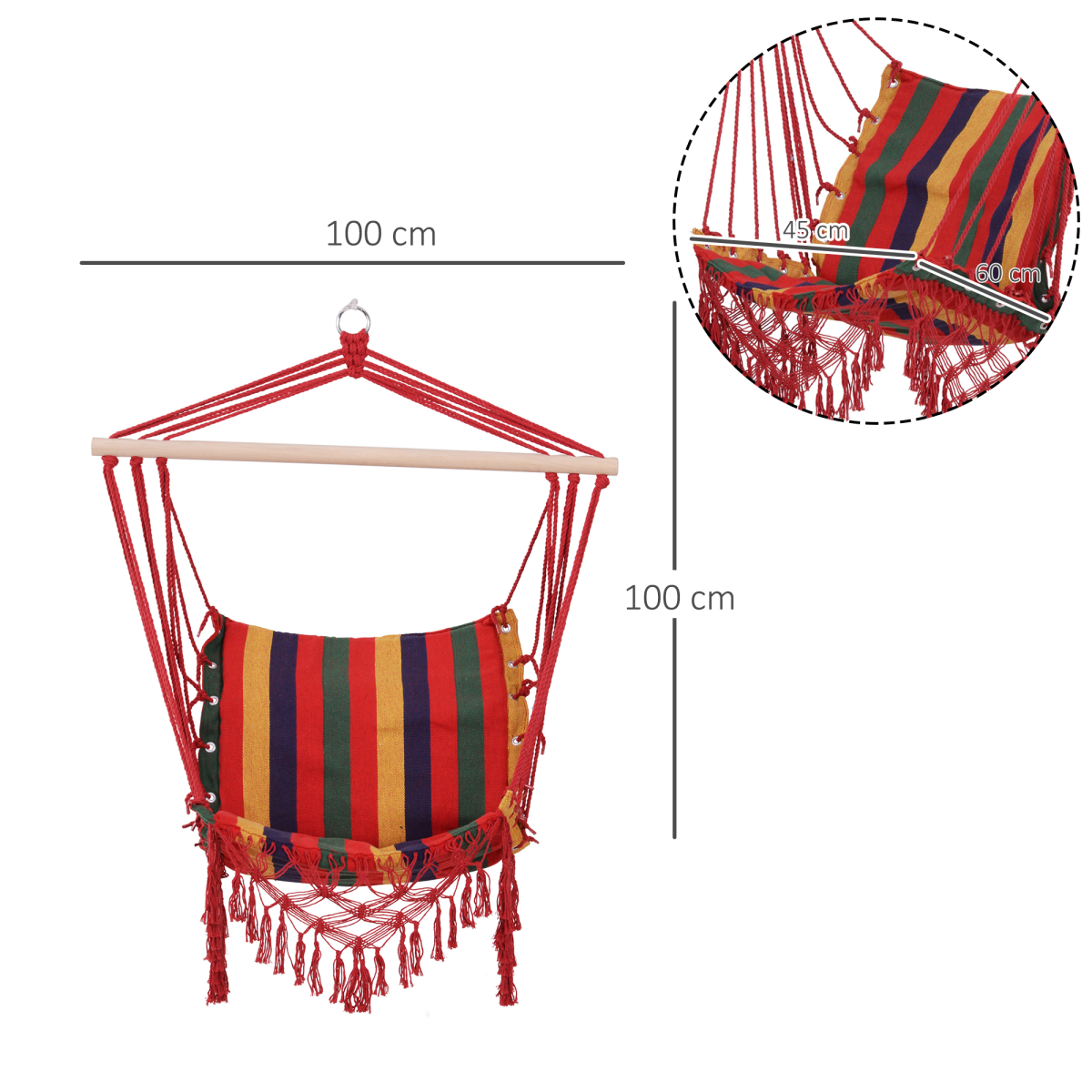 Outsunny Multicoloured Striped Hammock Chair Swing with Wooden Bar