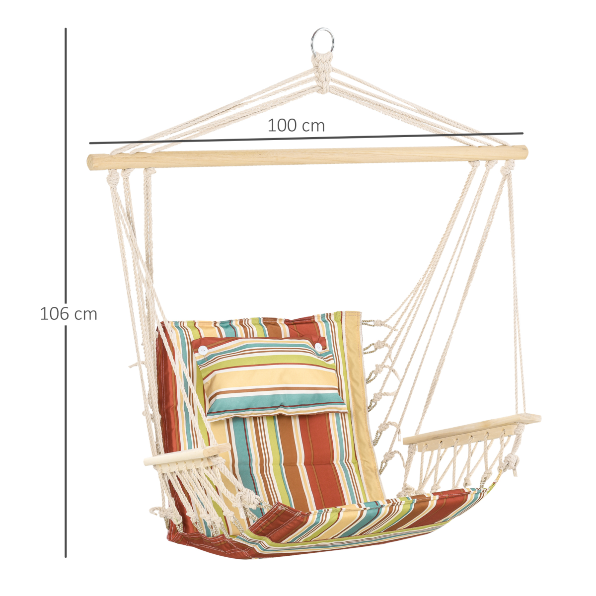 Outsunny Hanging Hammock Chair Swing with Wide Seat, Thick Rope, Wooden Armrests, Cotton Seat, Removable Pillow, 105kg Capacity