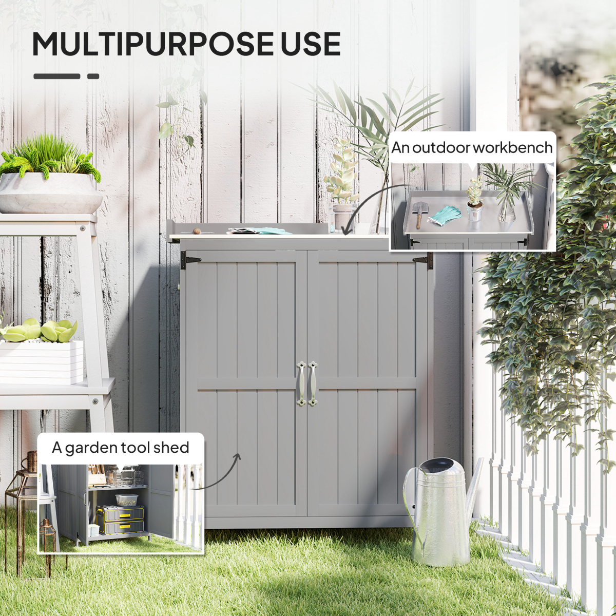 Outsunny Garden Storage Bench Workbench with Stainless Steel Top, Fir Wood, Hinged Roof and Double Doors, Grey