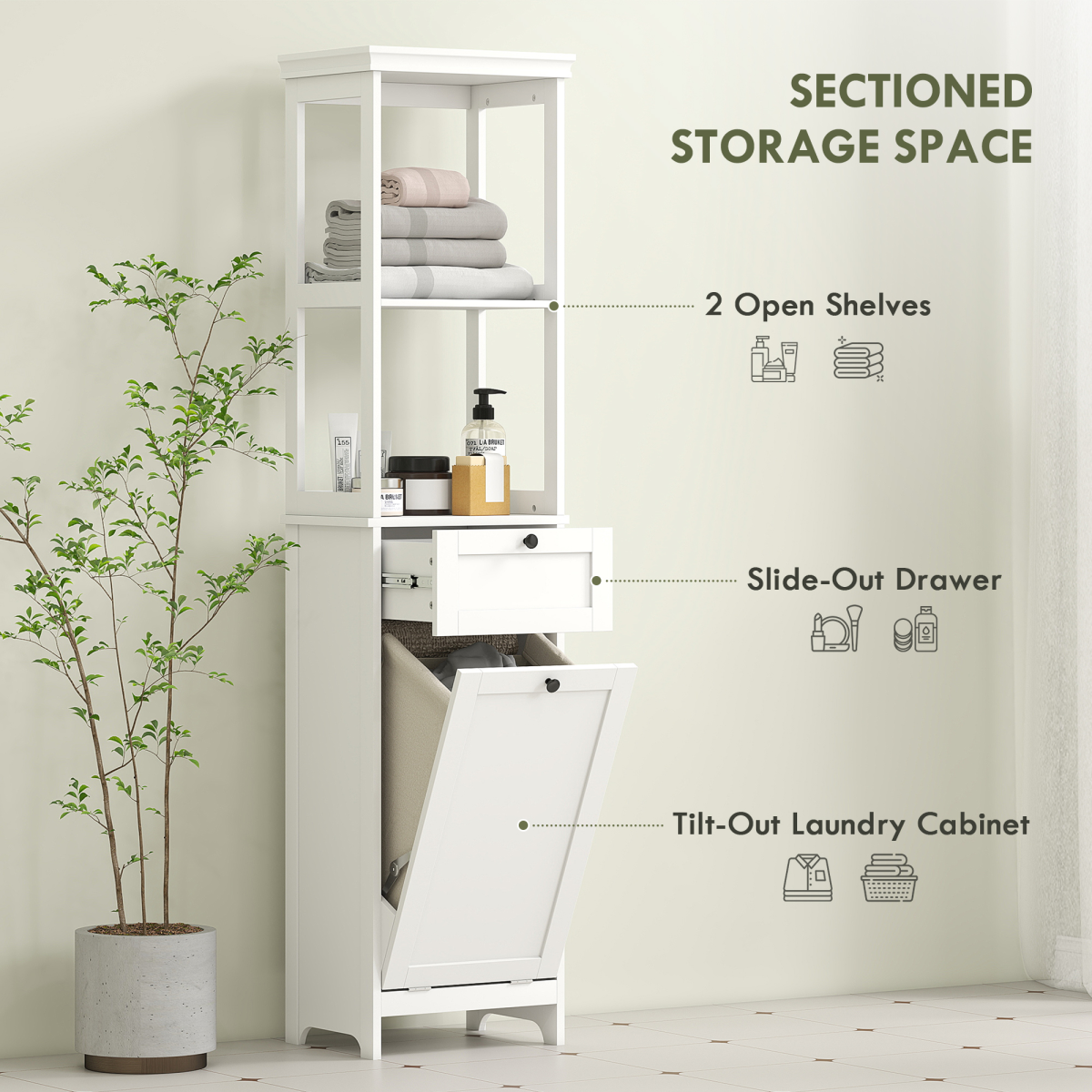 HOMCOM Slim White Bathroom Storage Cabinet with Tilt-Out Hamper