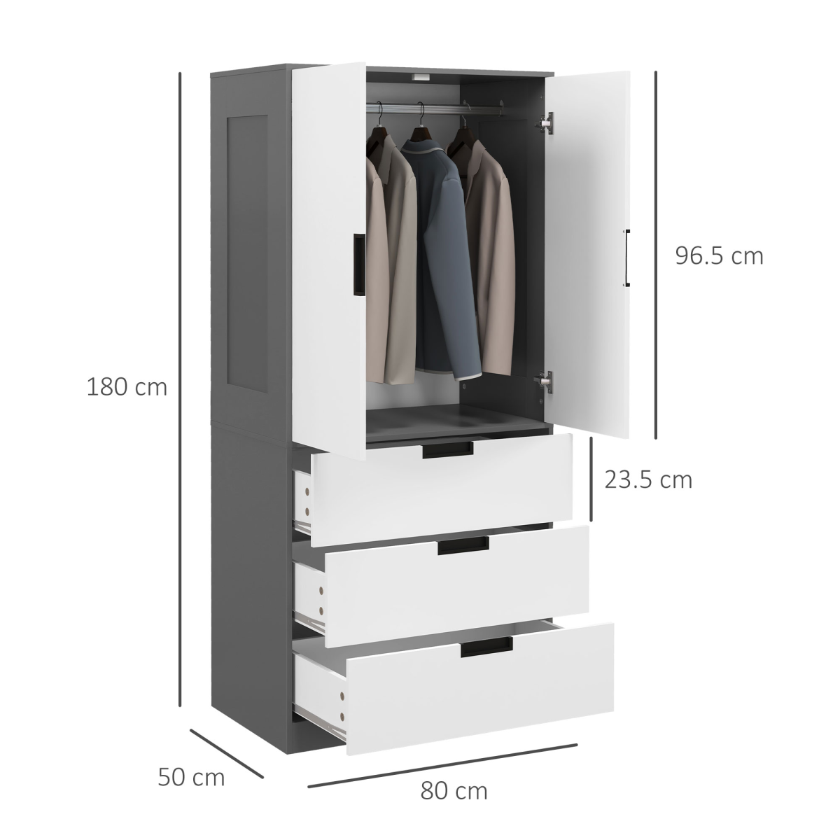 HOMCOM White and Grey 2-Door Wardrobe with 3 Drawers and Rail