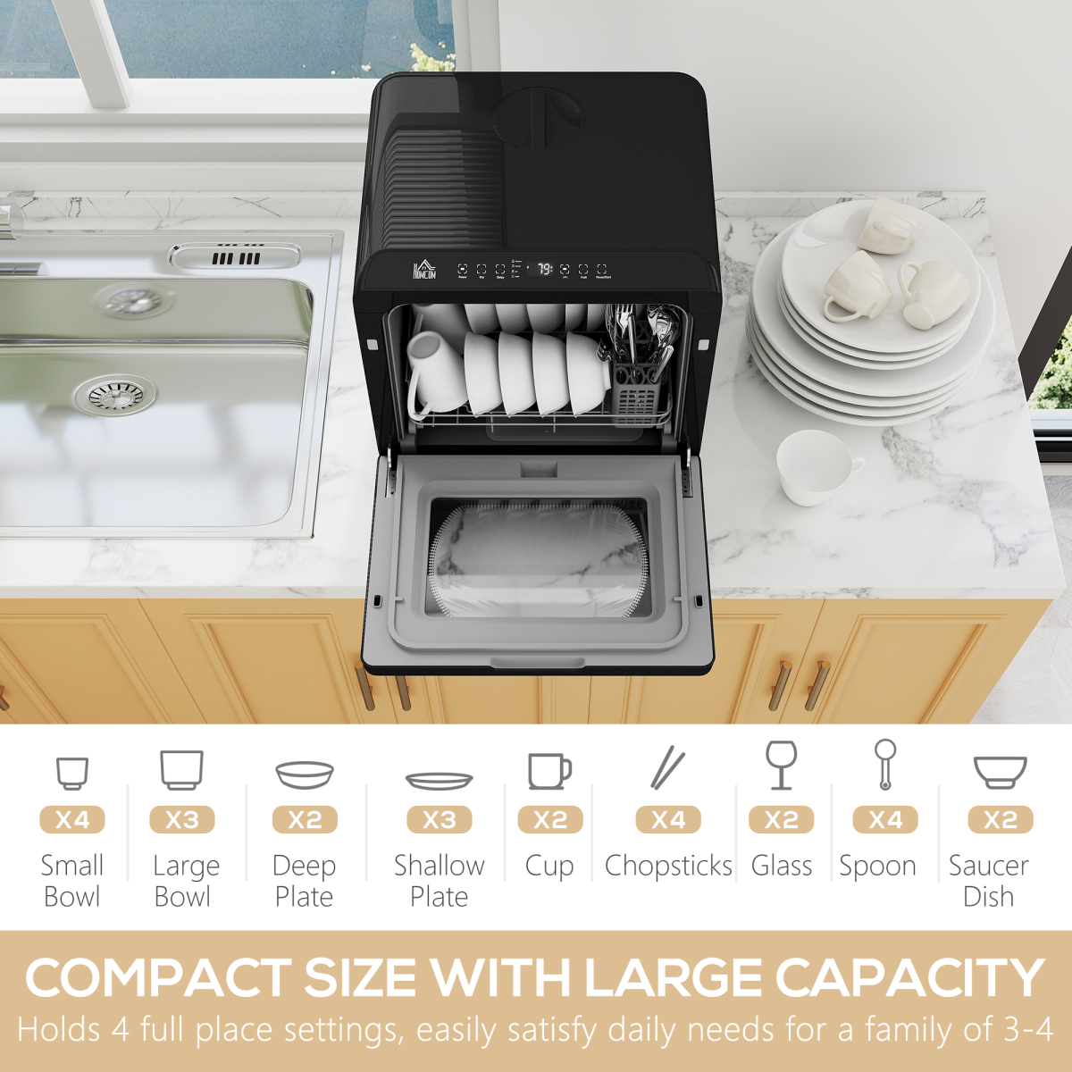 HOMCOM Compact Worktop Dishwasher, 4 Place Settings, 6 Programs, Black
