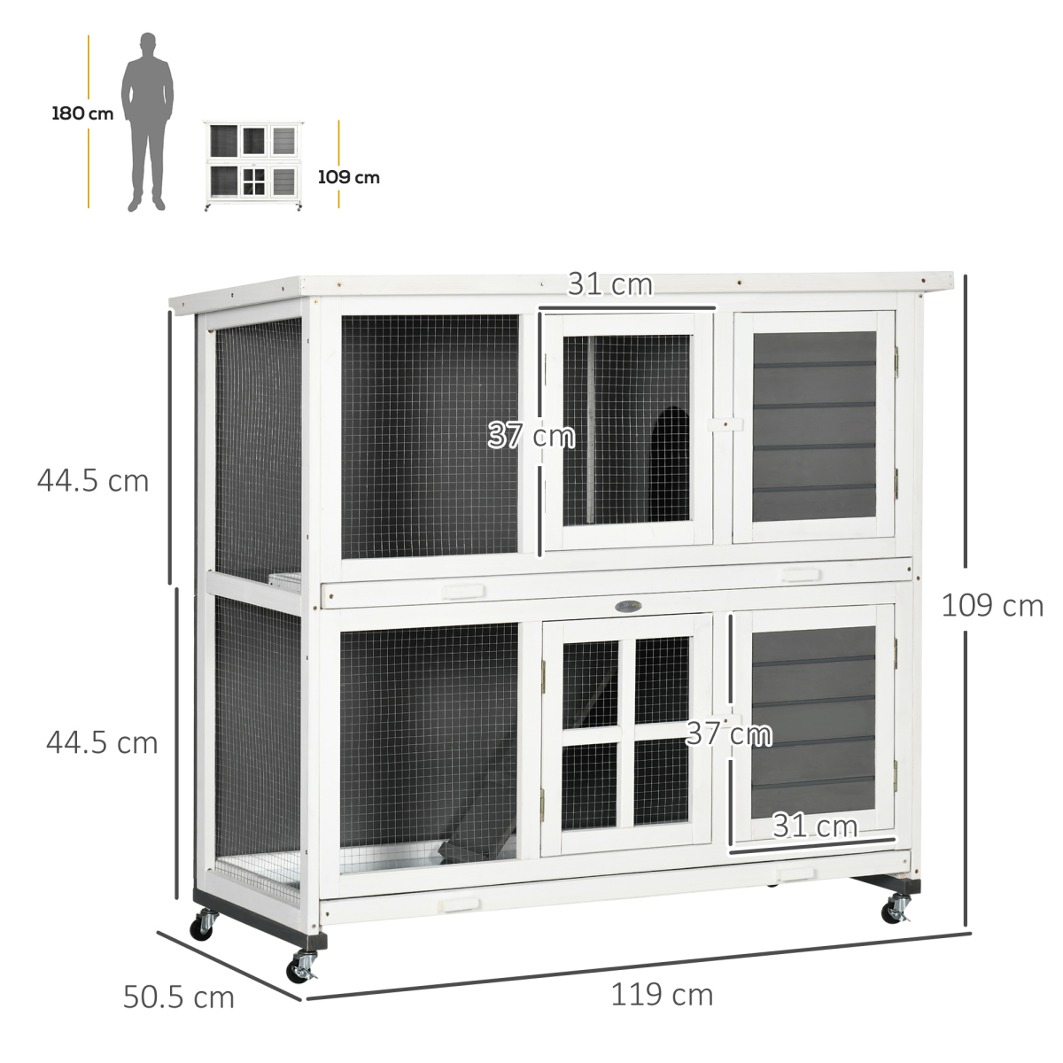 PawHut Wooden Two-Tier Rabbit Hutch with Wheels, Removable Trays, Lockable Doors, Grey
