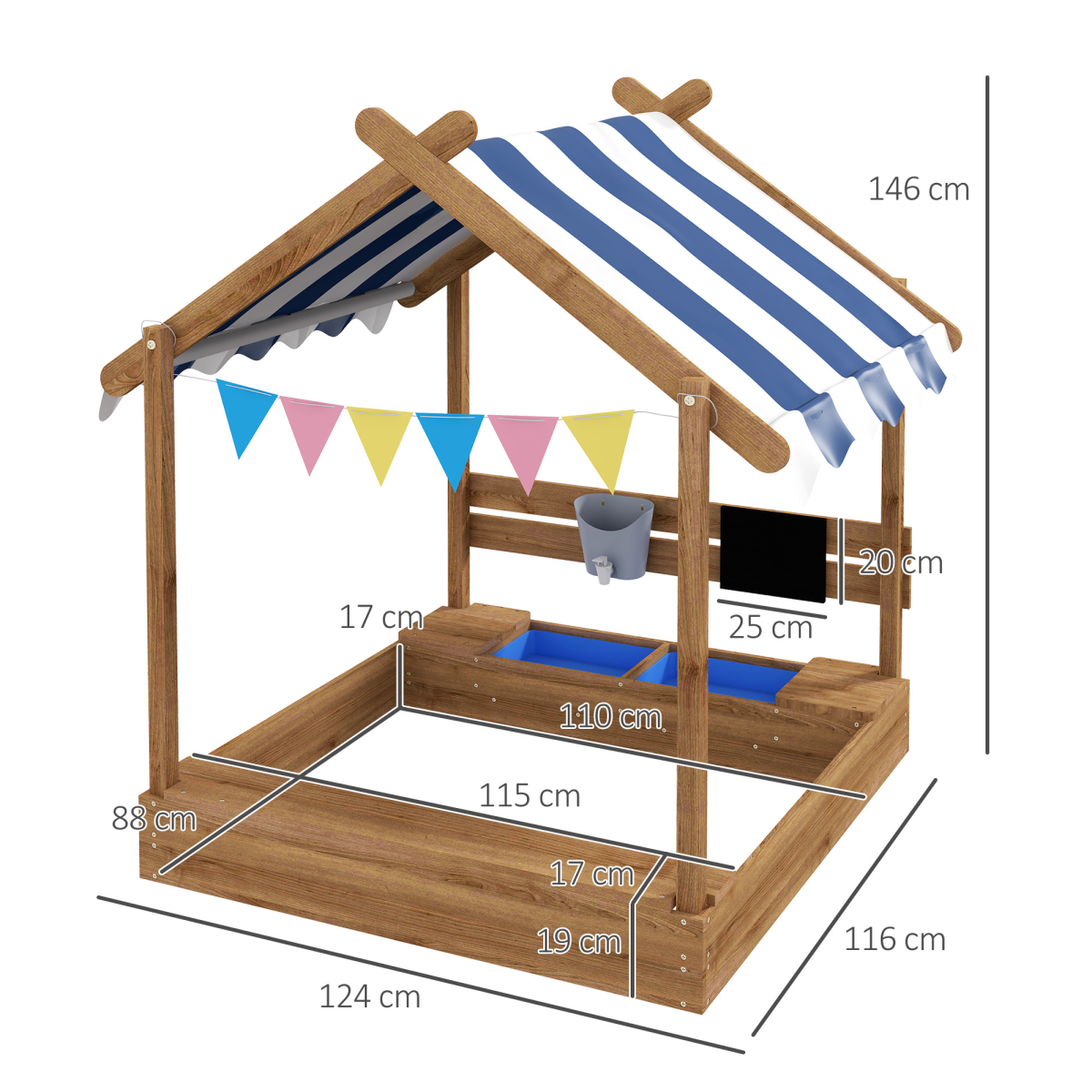 Outsunny Kids Wooden Sand Pit with Canopy, Blackboard, Sink, Seats and Toys