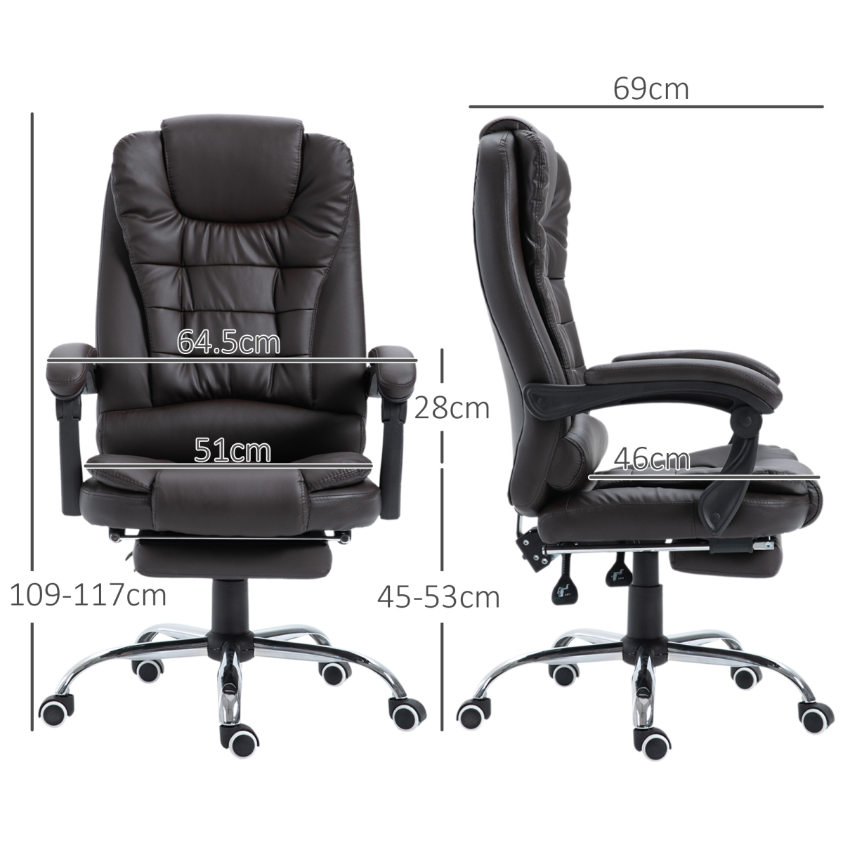 High Back Executive Office Chair with Reclining Backrest, Retractable Footrest, Swivel Wheels, Brown