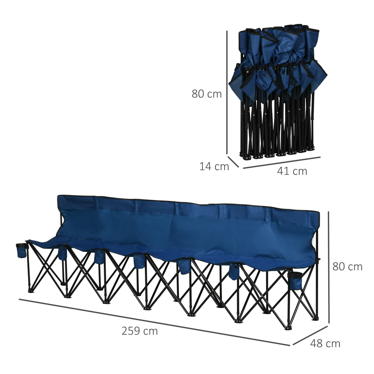 Outsunny 6-Seat Folding Bench Multi Deck Chair with Cup Holders, Folding Steel Frame, Blue