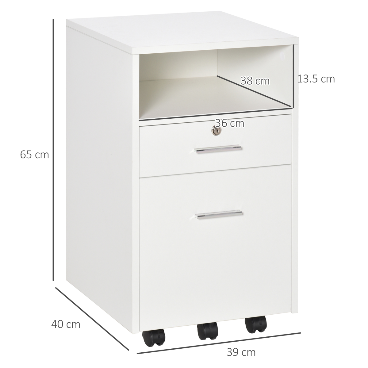 Mobile Lockable File Cabinet with Drawer, Open Shelf, 5 Wheels, White, Vinsetto