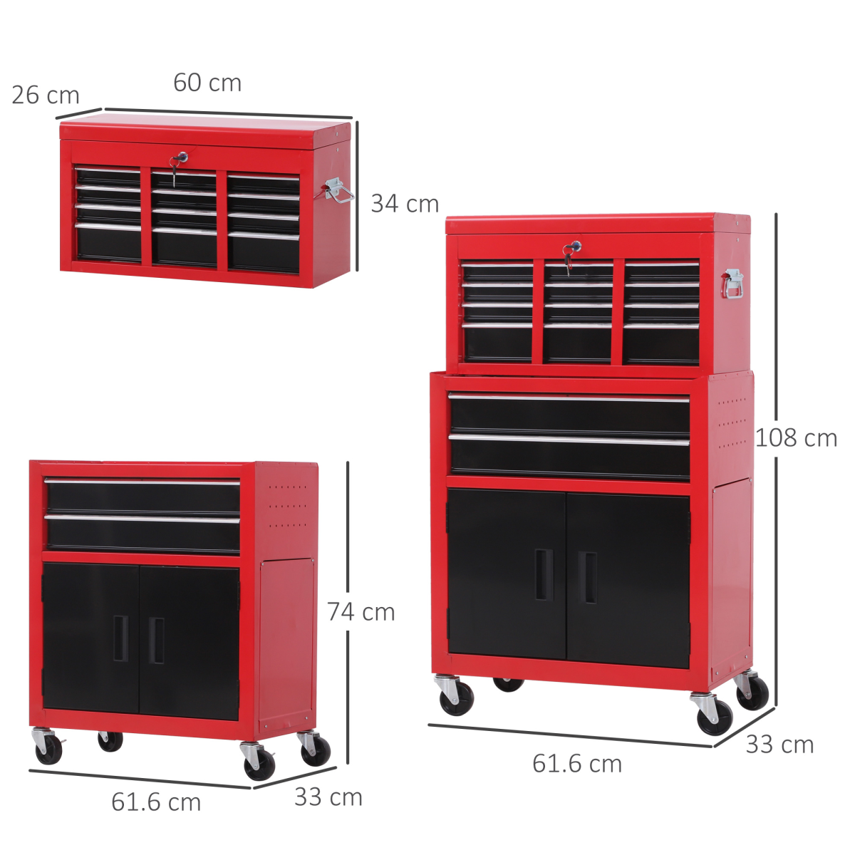 Portable Tool Chest and Roll Cab Combo with 6 Drawers, Lockable Top Chest, 360° Swivel Ball Bearing Runners, Metal Garage Storage Cabinet