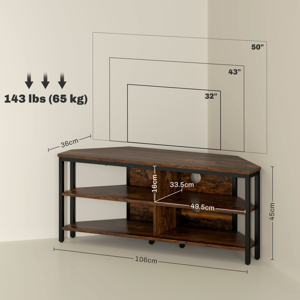 HOMCOM Corner TV Stand for TVs up to 50", 4 Shelves, Rustic Brown