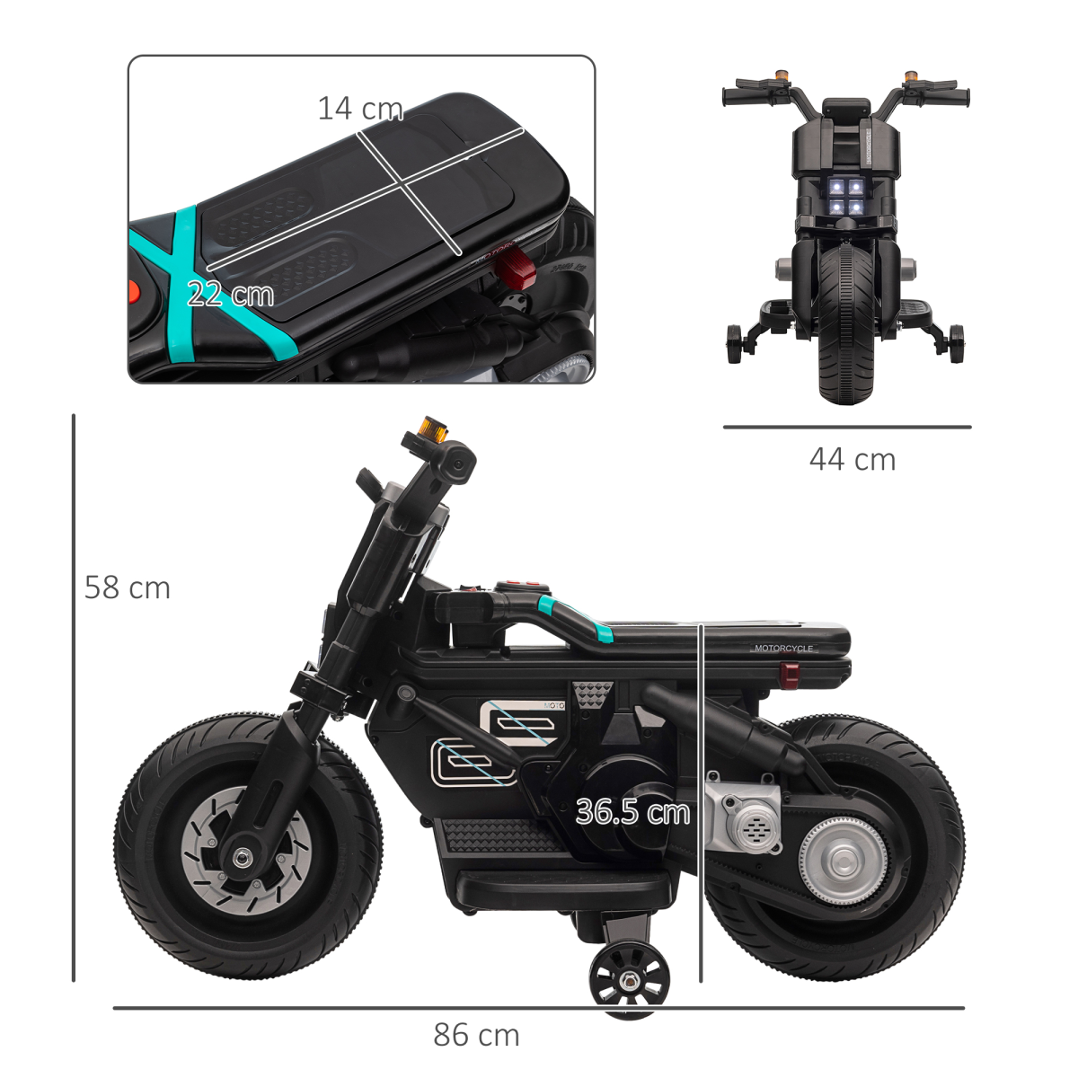 6V Kids Electric Motorbike with Training Wheels, Black, Ages 3-5