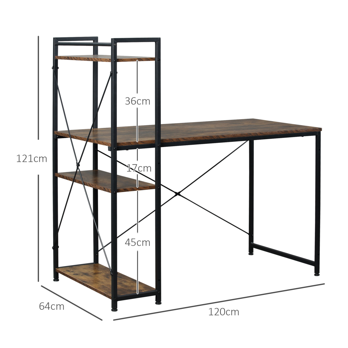 HOMCOM Computer Desk with 4-Tier Bookshelf, Home Office Study Workstation, Reversible Left or Right Shelf, Chipboard and Steel Frame