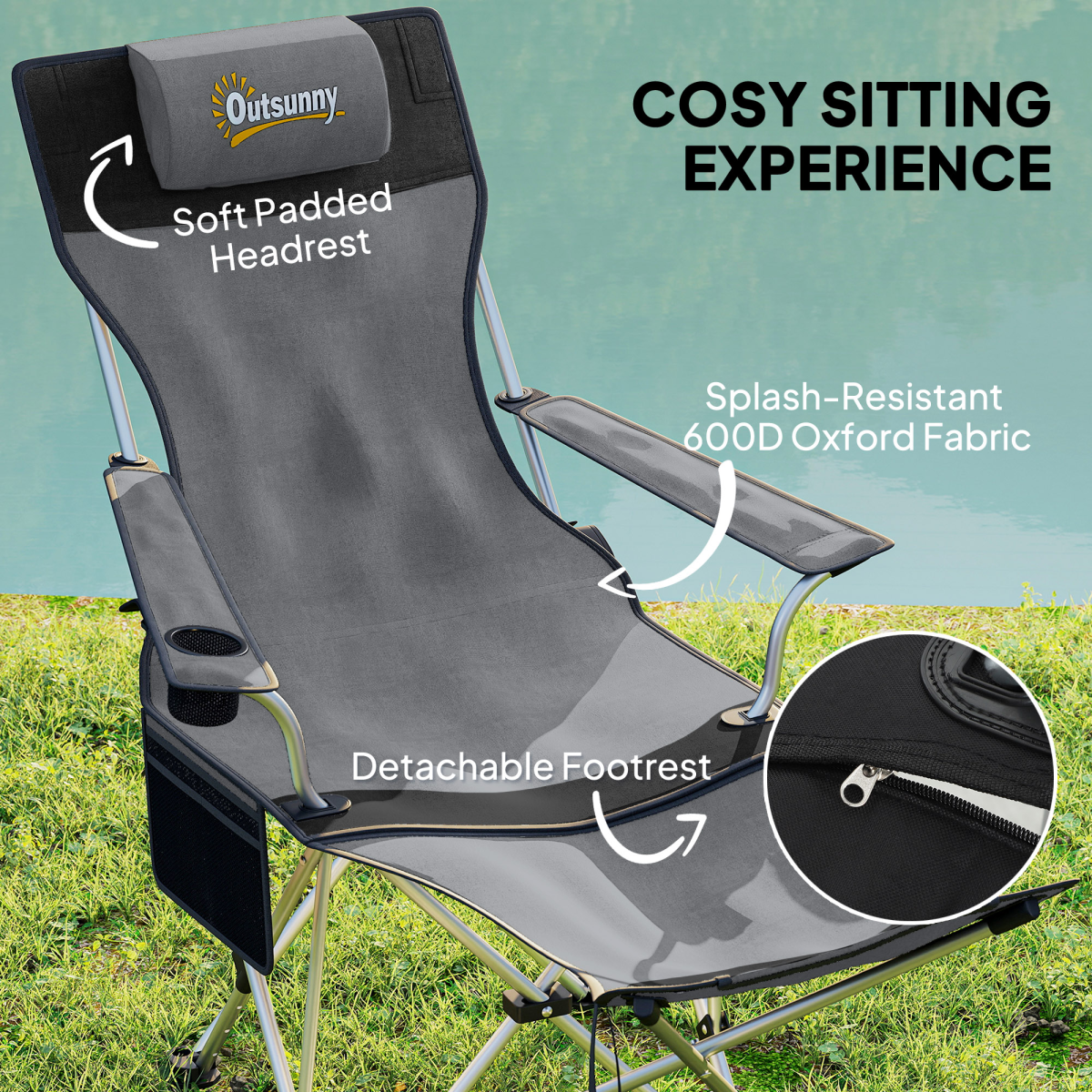 Outsunny Set of 2 Folding Reclining Camping Chairs with Footrest