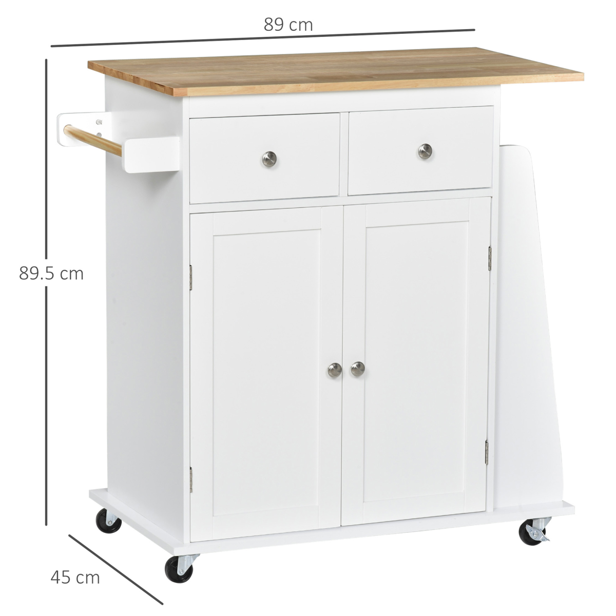HOMCOM Kitchen Island Storage Unit with Rubberwood Top, 3-Tier Spice Rack, 2 Sliding Drawers, Cupboard and Towel Rail