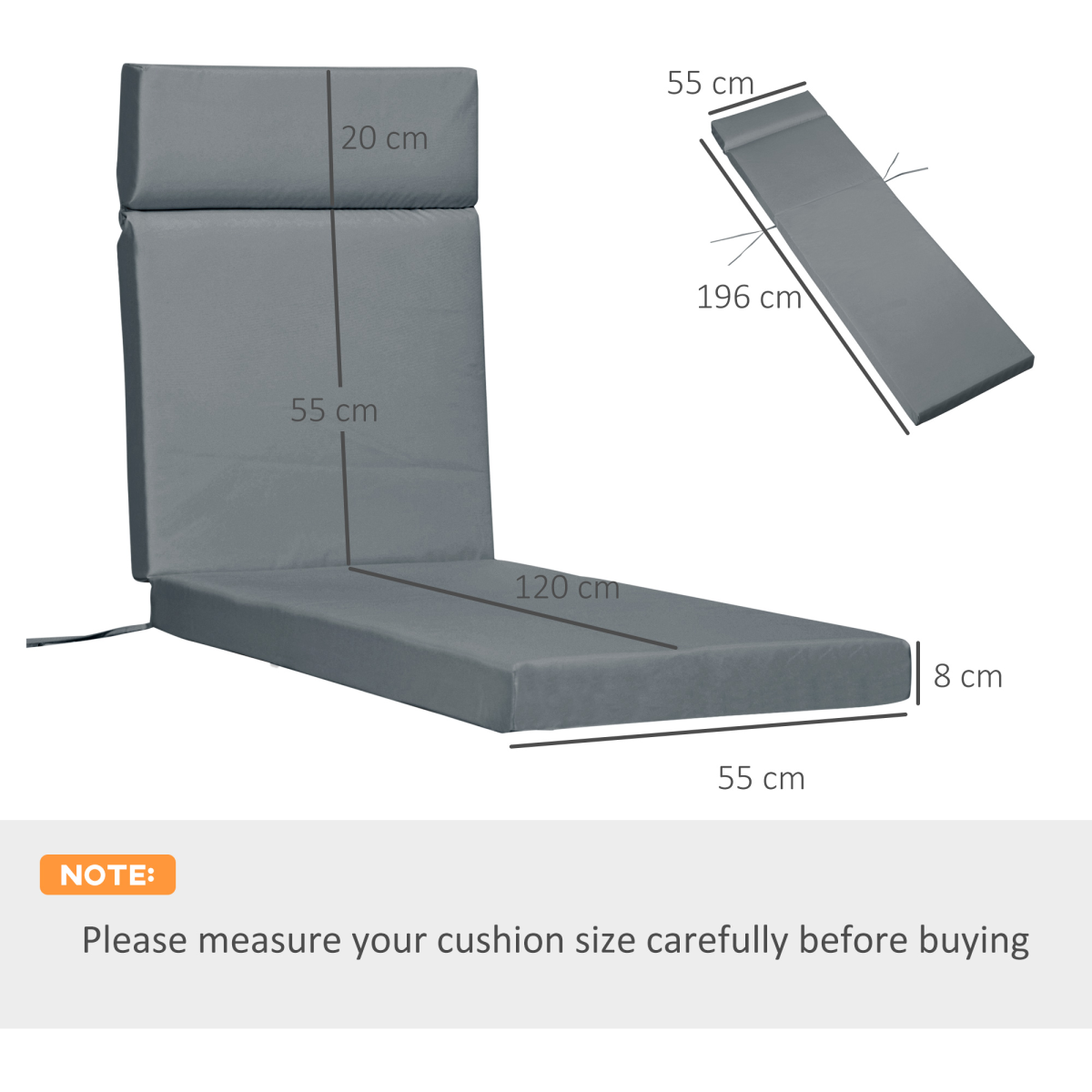 Outsunny Set of 2 Sun Lounger Cushions with Ties, Dark Grey