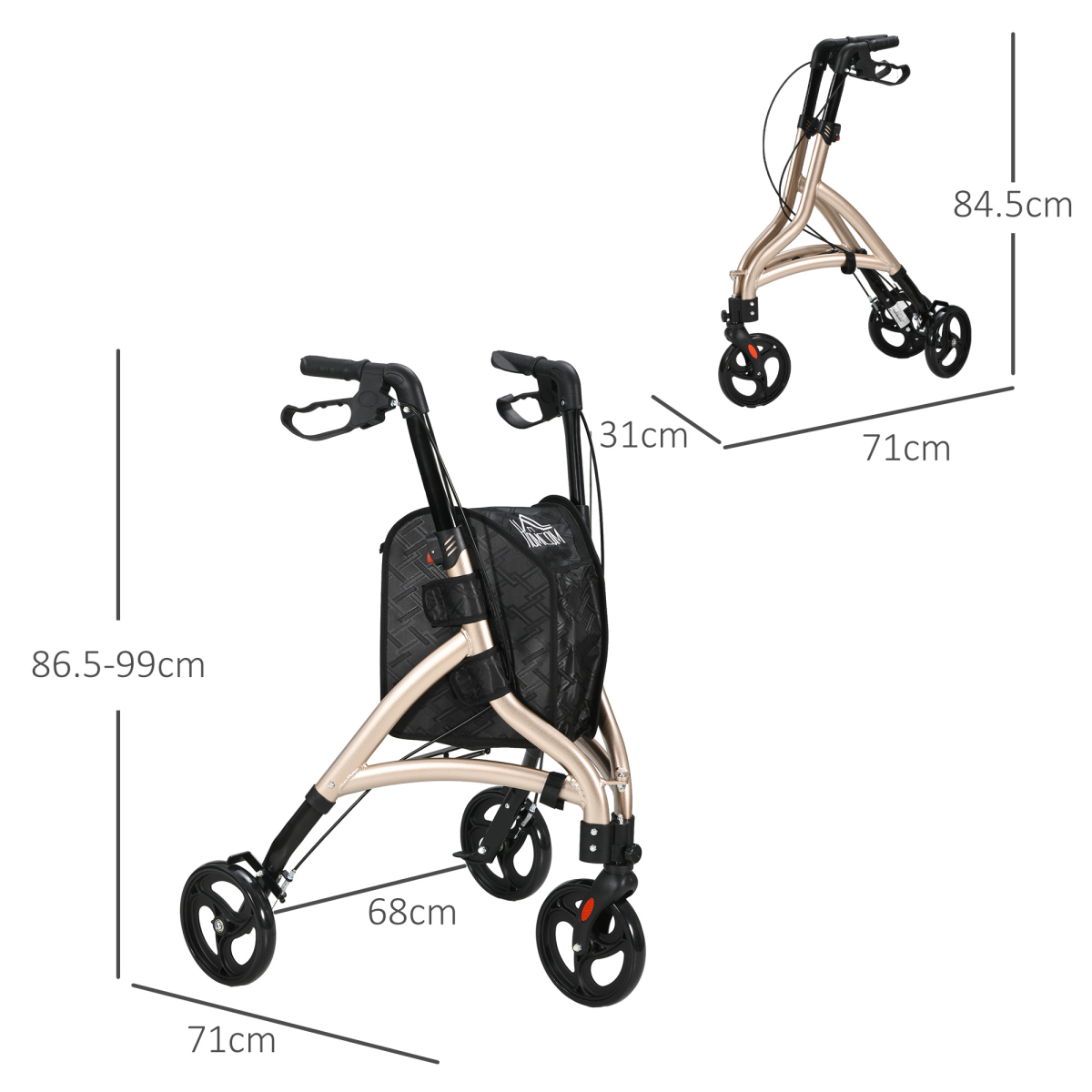 HOMCOM Aluminium 3-Wheel Folding Rollator with Adjustable Handle, Bag