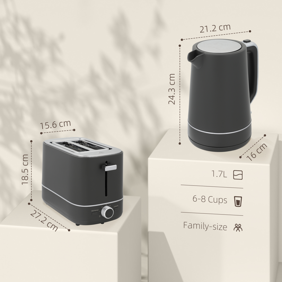 HOMCOM Grey 1.7L Fast Boil Kettle and 2-Slice Toaster Set